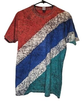 Striped Diagonal Crew Neck T-Shirt in Red, Blue & Teal Tie-Dye 90s Vintage Retro